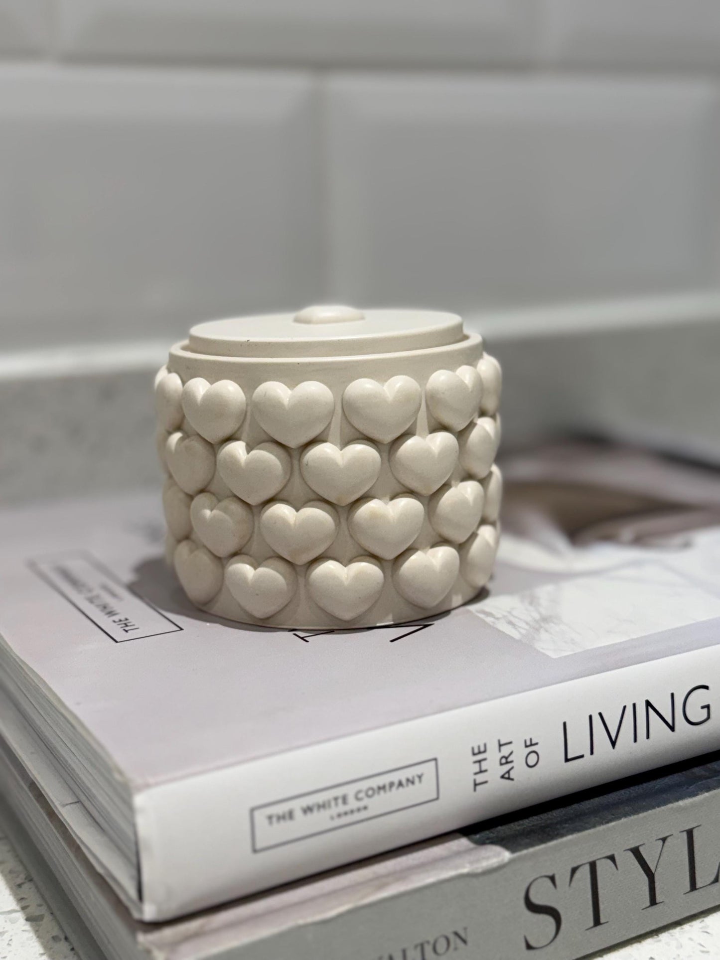 Handmade Embossed Heart Trinket Pot with Lid | Neutral Home Décor