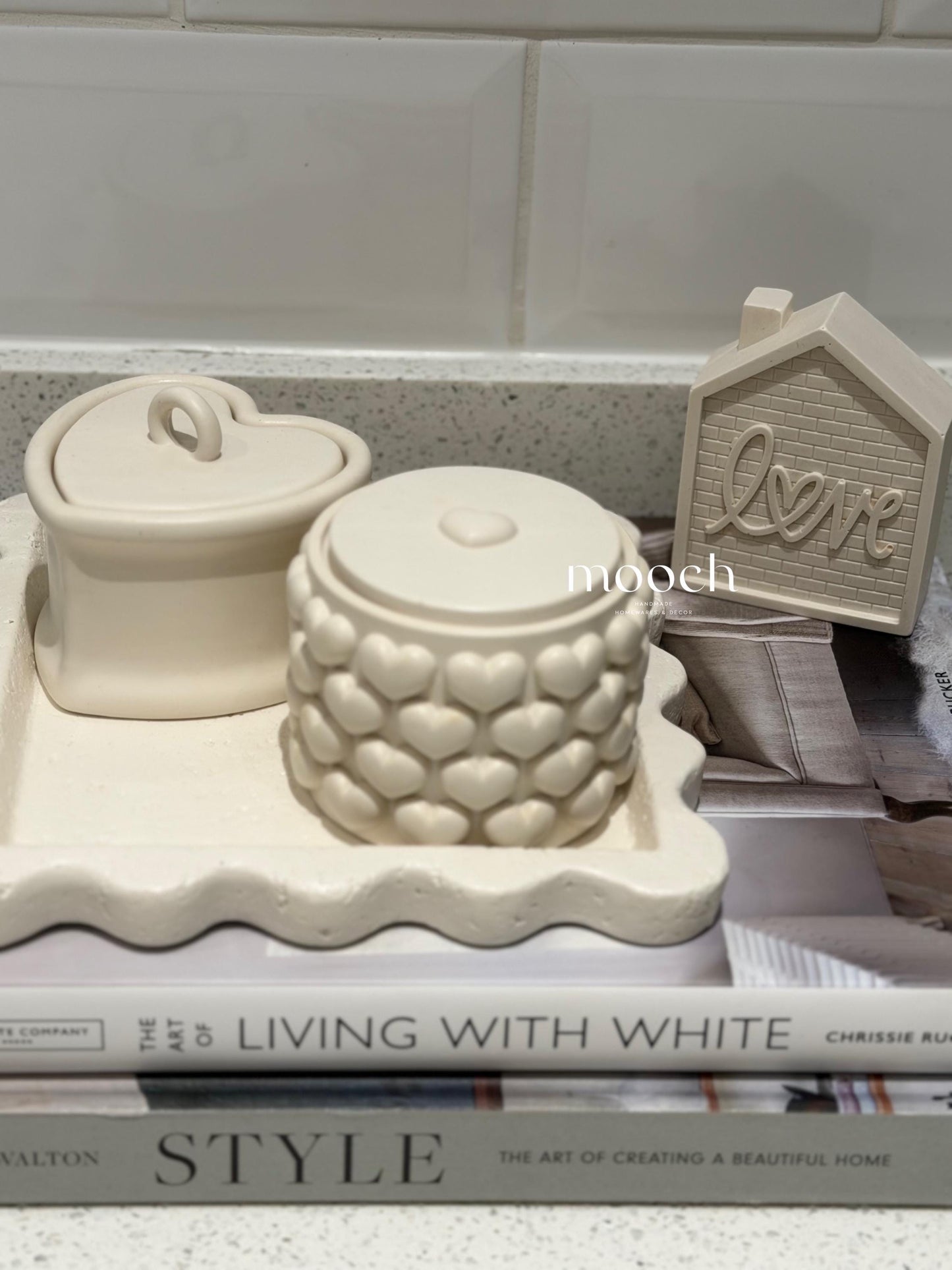 Handmade Embossed Heart Trinket Pot with Lid | Neutral Home Décor