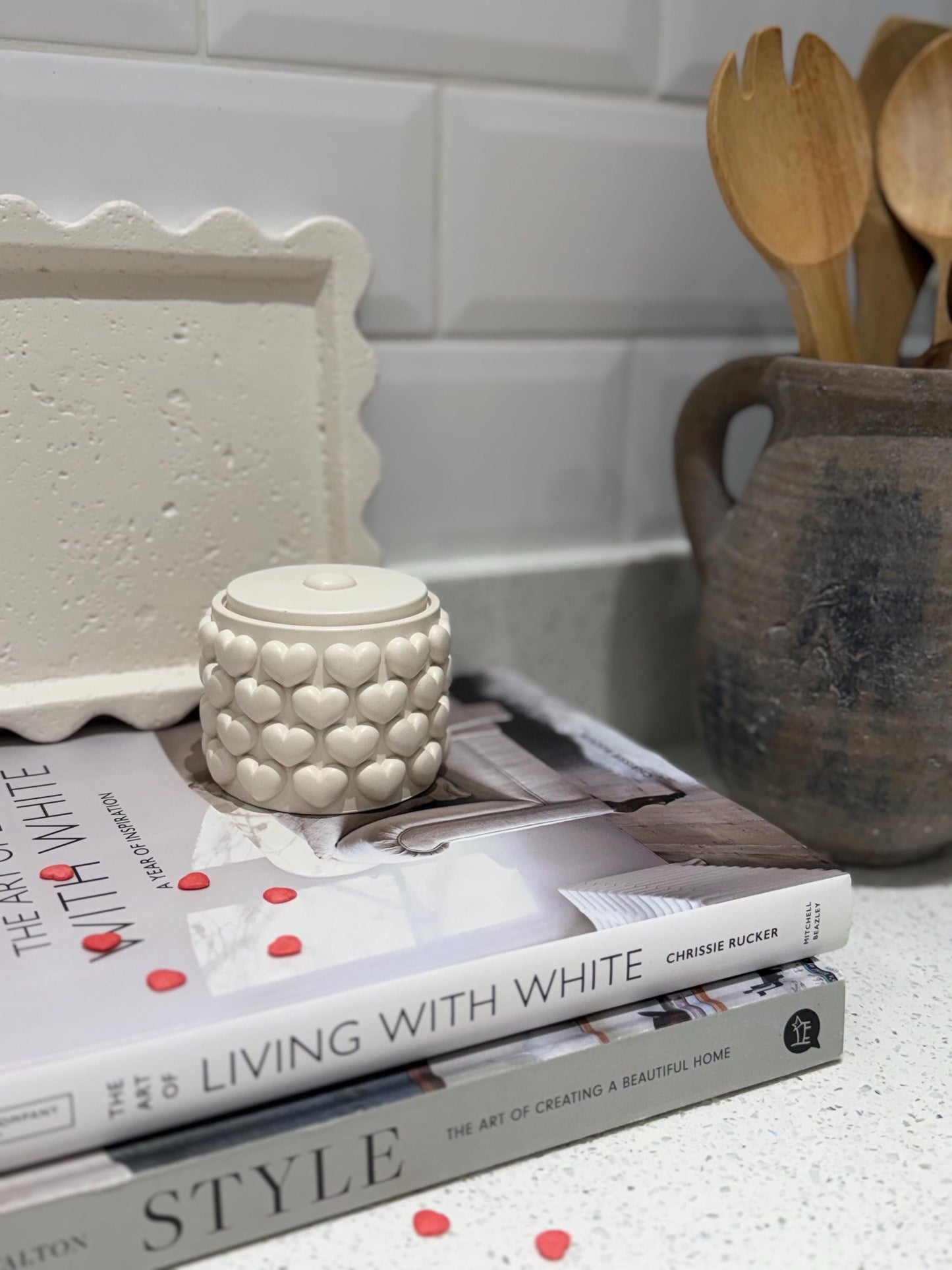 Handmade Embossed Heart Trinket Pot with Lid | Neutral Home Décor