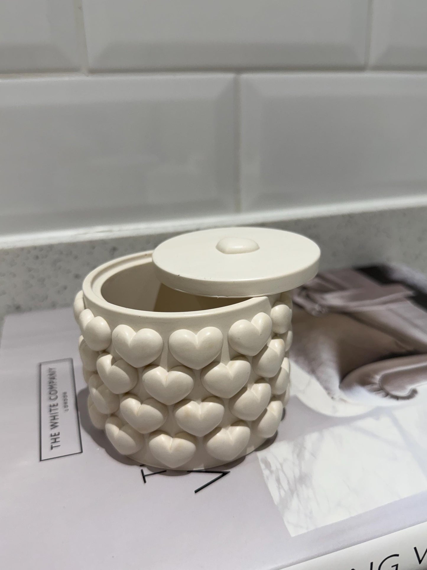 Handmade Embossed Heart Trinket Pot with Lid | Neutral Home Décor