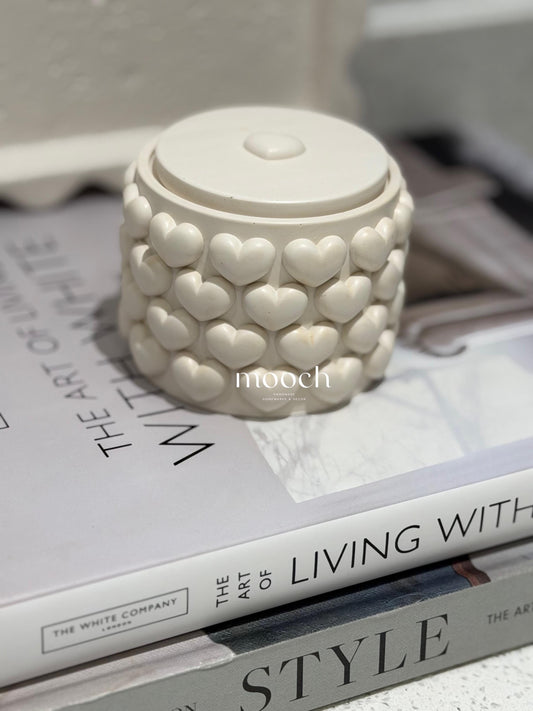 Handmade Embossed Heart Trinket Pot with Lid | Neutral Home Décor