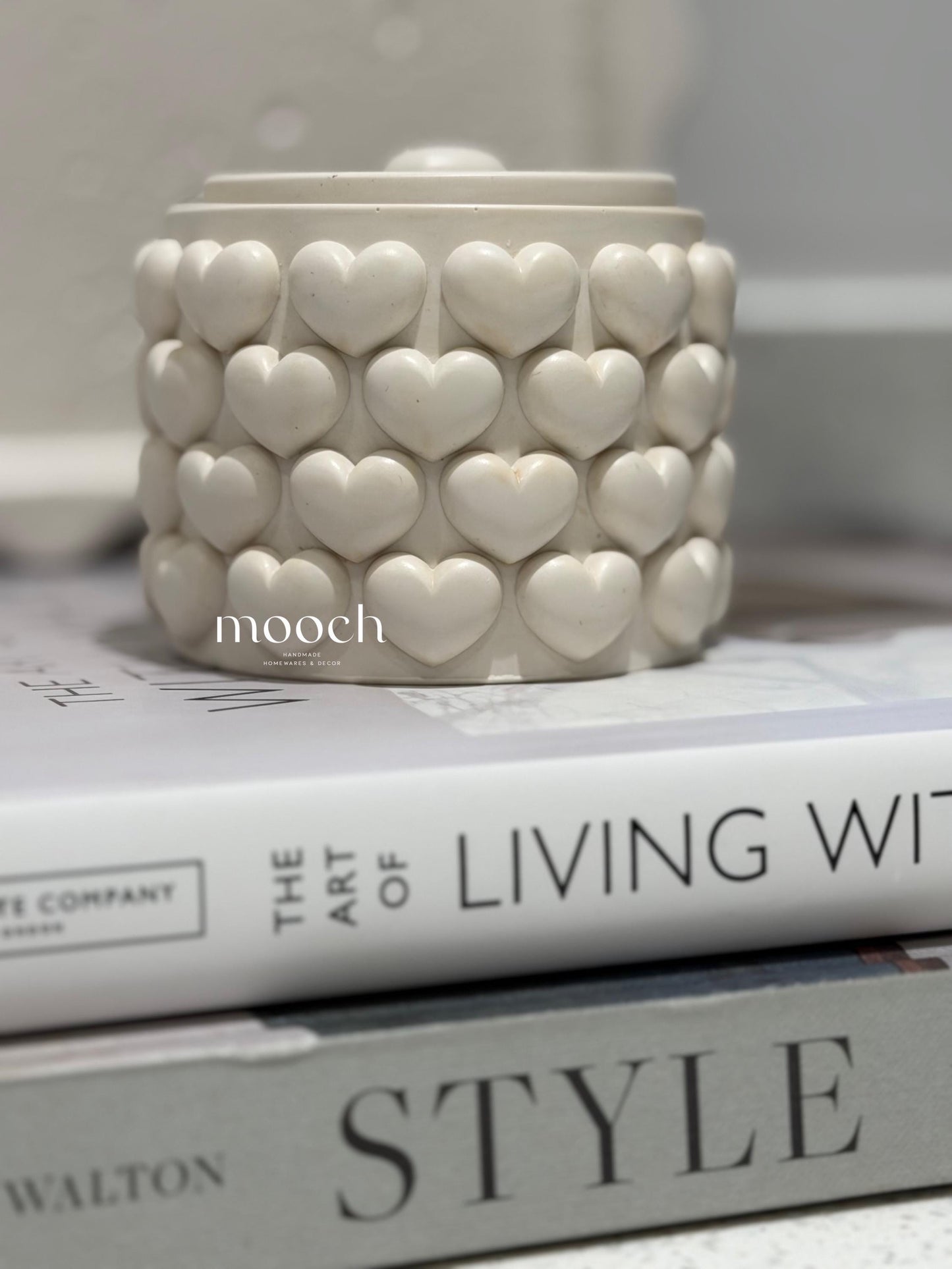 Handmade Embossed Heart Trinket Pot with Lid | Neutral Home Décor