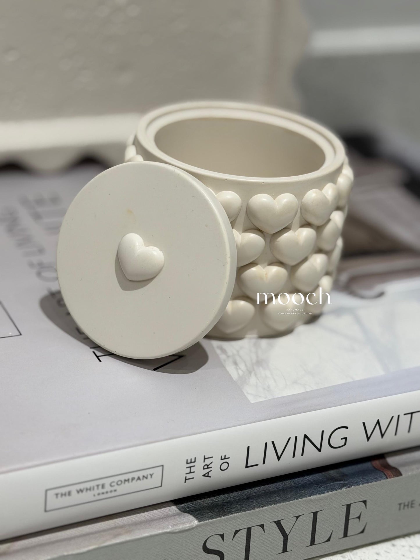 Handmade Embossed Heart Trinket Pot with Lid | Neutral Home Décor